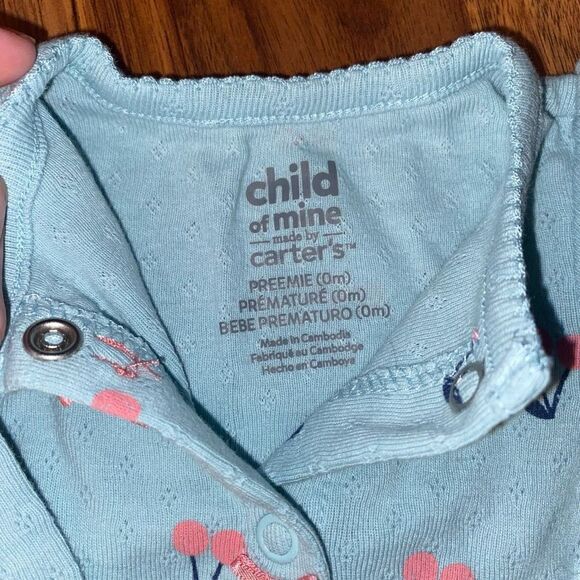 5 For $25 Carter's Blue and Pink Cherry Print Snap Up Footie Baby Preemie - Picture 3 of 5